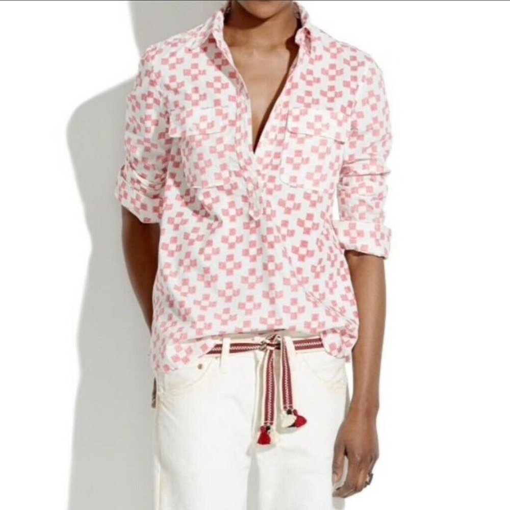 Madewell Womens Market Popover Crosshatch Ikat Shirt Size XS Red White